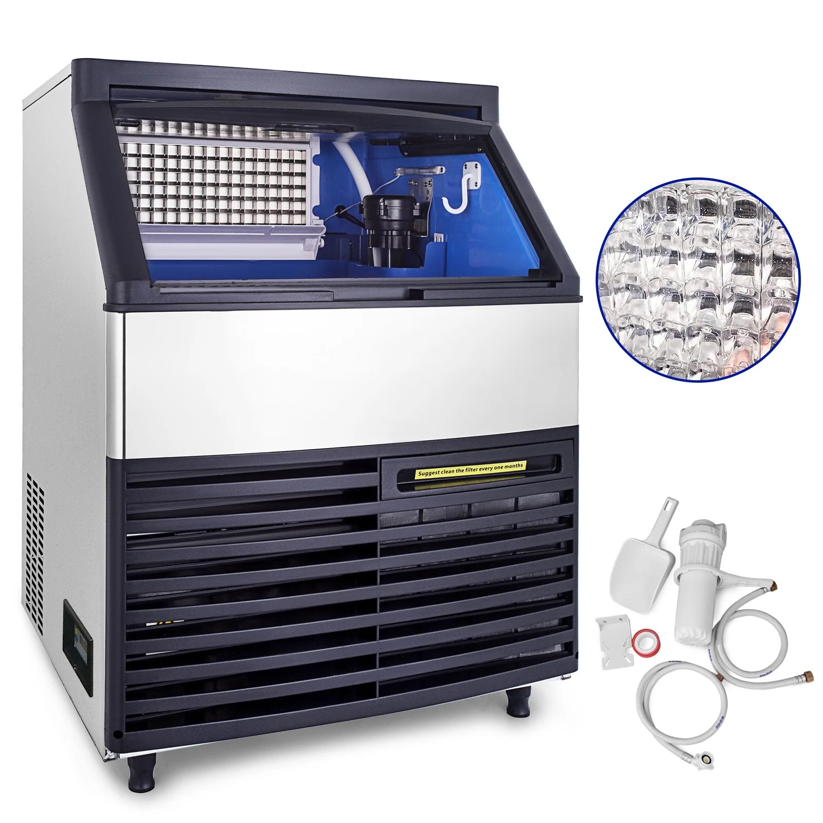 Commercial Ice Machine 320Lbs/24H with 77Lbs Bin, Clear Cube LED Panel, Stainless Steel, Air Cooling, ETL Approved, Professional Refrigeration Equipment, Include Scoop and Connection Hose
