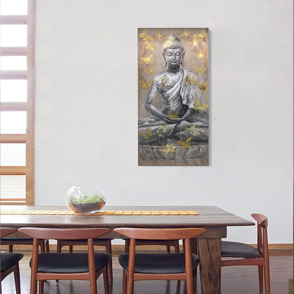 Buddha Canvas Wall Art Picture Buddhism Statue Sitting Inspirational Painting Zen Meditation Home Decor for Bathroom Bedroom Framed Ready to Hang (12"X24"X1)