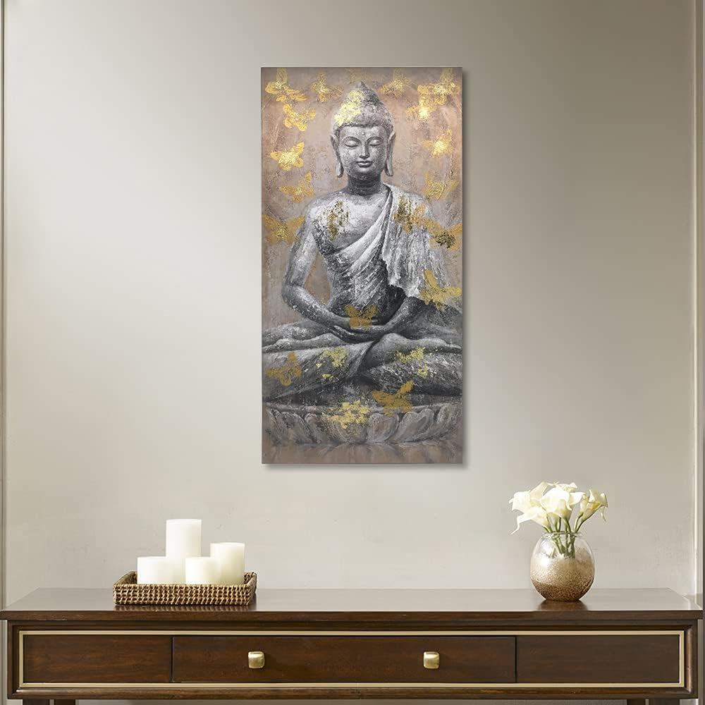 Buddha Canvas Wall Art Picture Buddhism Statue Sitting Inspirational Painting Zen Meditation Home Decor for Bathroom Bedroom Framed Ready to Hang (12"X24"X1)
