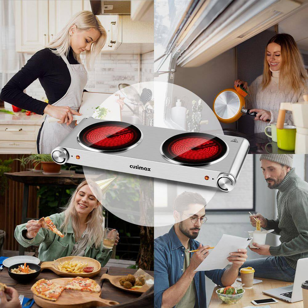 2-Burner 7.08 In.Silver Electric Hot Plate with Non-Slip Rubber Feet