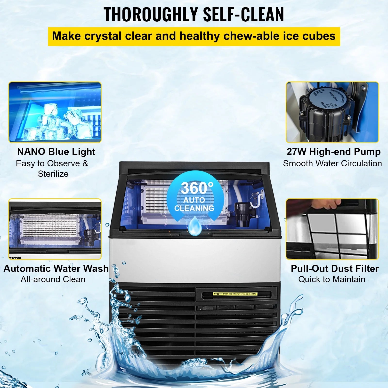 Commercial Ice Machine 320Lbs/24H with 77Lbs Bin, Clear Cube LED Panel, Stainless Steel, Air Cooling, ETL Approved, Professional Refrigeration Equipment, Include Scoop and Connection Hose