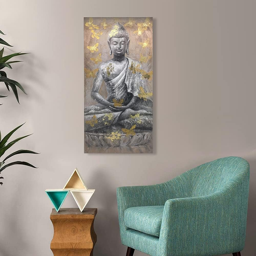 Buddha Canvas Wall Art Picture Buddhism Statue Sitting Inspirational Painting Zen Meditation Home Decor for Bathroom Bedroom Framed Ready to Hang (12"X24"X1)