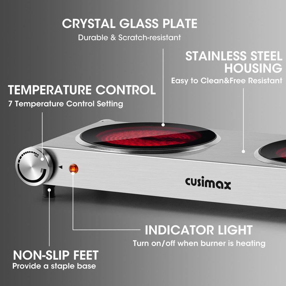 2-Burner 7.08 In.Silver Electric Hot Plate with Non-Slip Rubber Feet