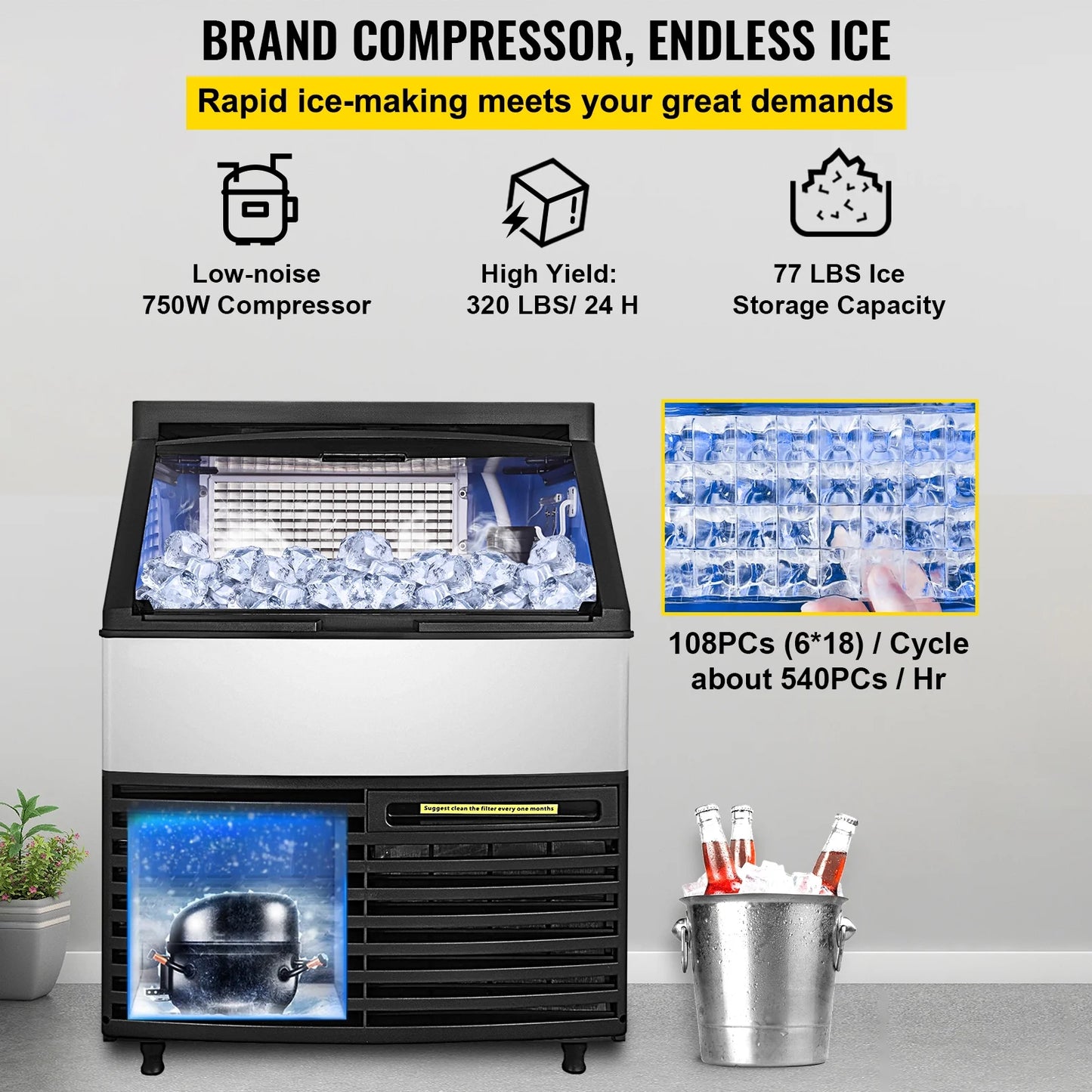 Commercial Ice Machine 320Lbs/24H with 77Lbs Bin, Clear Cube LED Panel, Stainless Steel, Air Cooling, ETL Approved, Professional Refrigeration Equipment, Include Scoop and Connection Hose
