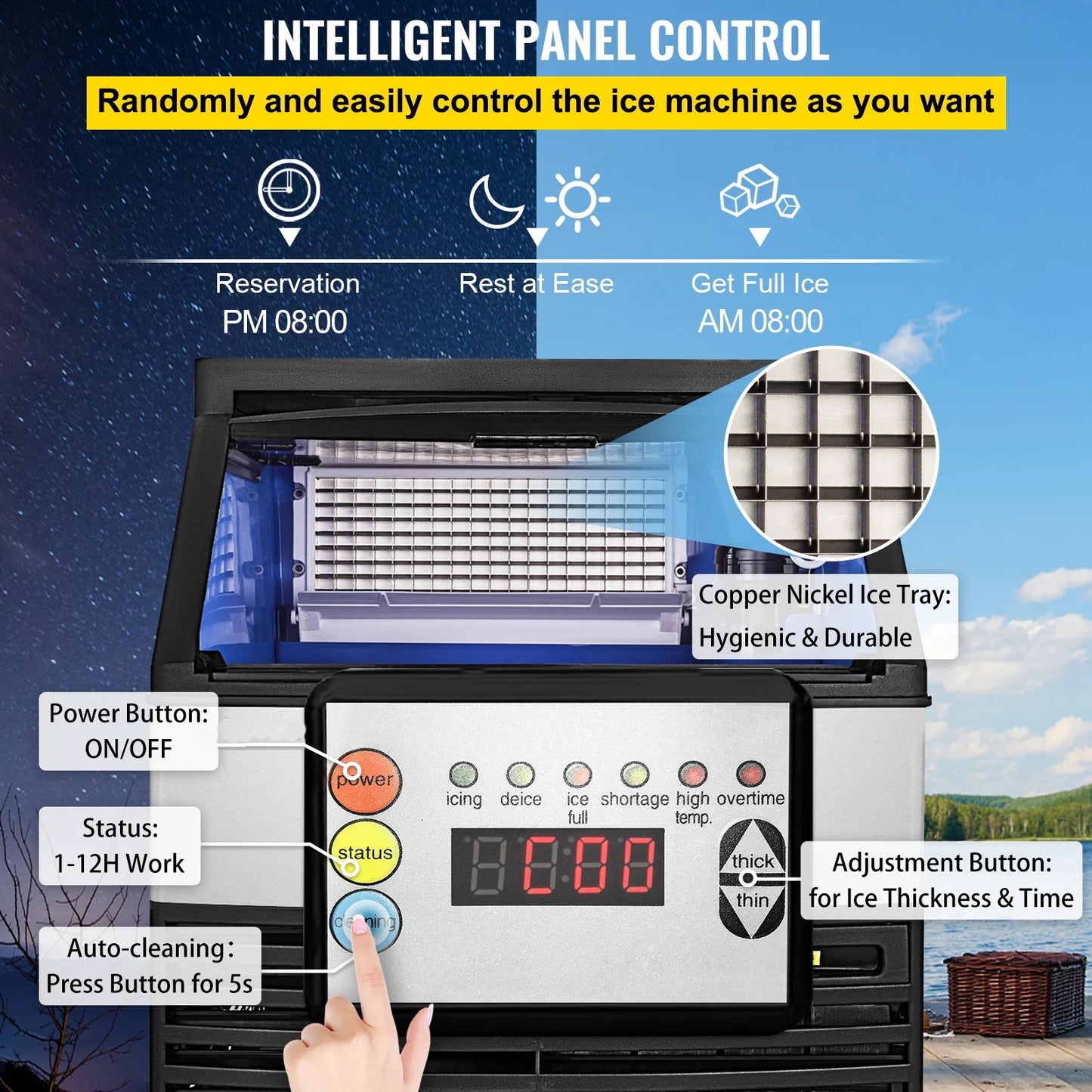 Commercial Ice Machine 320Lbs/24H with 77Lbs Bin, Clear Cube LED Panel, Stainless Steel, Air Cooling, ETL Approved, Professional Refrigeration Equipment, Include Scoop and Connection Hose