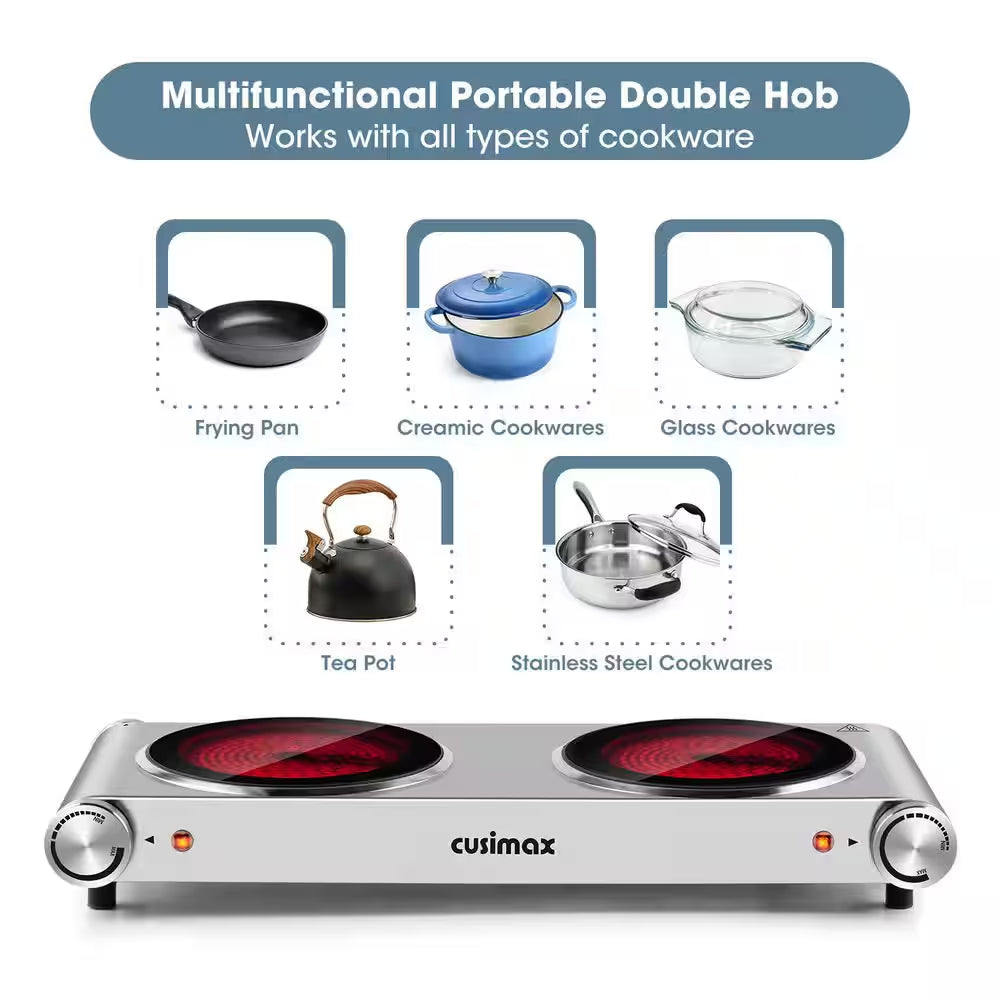 2-Burner 7.08 In.Silver Electric Hot Plate with Non-Slip Rubber Feet